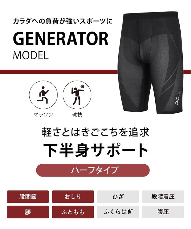 CW-X 【MEN】 CW-X スポーツタイツ ハーフ ひざ上丈 下半身サポート(股関節・腰・おしり・ふともも) 全面メッシュ素材 マラソン・球技 メンズ HZO775 /ワコール ブラック