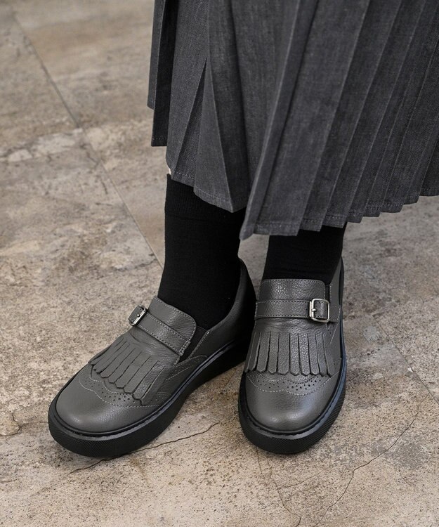 Pointer 日本製 本革フリンジ付き厚底ローファー グレー