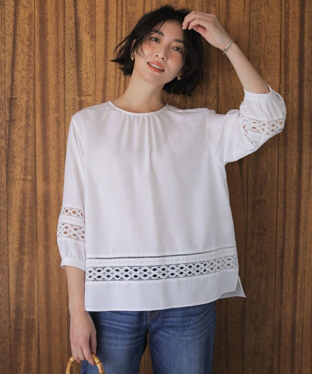 J.PRESS LADIES スパンソフトクロス刺繍 ブラウス オフ系