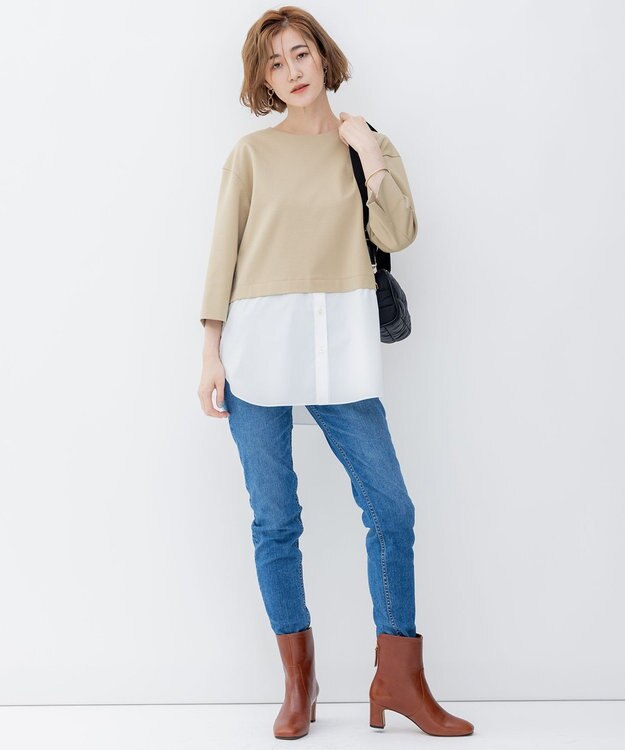 23区 L 【洗える】コンビネーション チュニック カットソー ベージュ×ホワイト