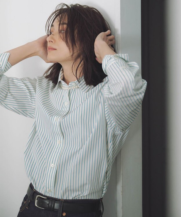 23区 S 【CLASSY.5月号掲載/洗える】CANCLINI ベーシック シャツ ホワイト×グリーンストライプ