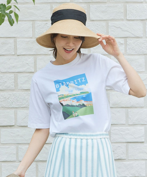 自由区 S 【洗える】VINTAGE PHOTO Tシャツ オフ×ブルー系