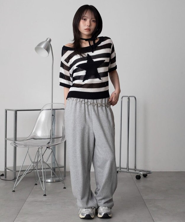 WEGO オフショルメッシュニット（S） ホワイトボーダー