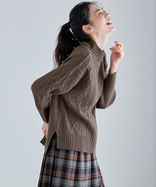 ANY 【6色展開】ソフトアクリルハイネックケーブルニット ブラウン