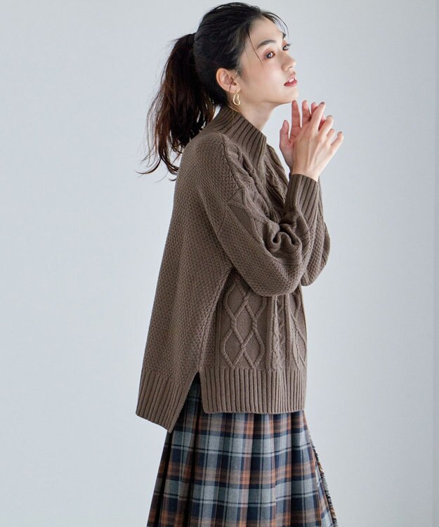 ANY 【6色展開】ソフトアクリルハイネックケーブルニット ブラウン