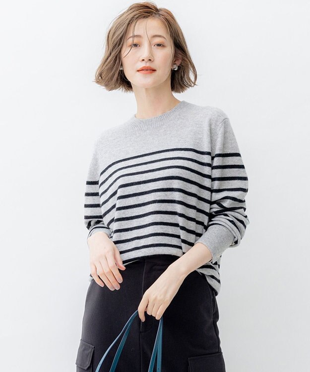 23区 S 【洗える】ピュアカシミヤ ボーダー ニット ライトグレー×ブラックボーダー