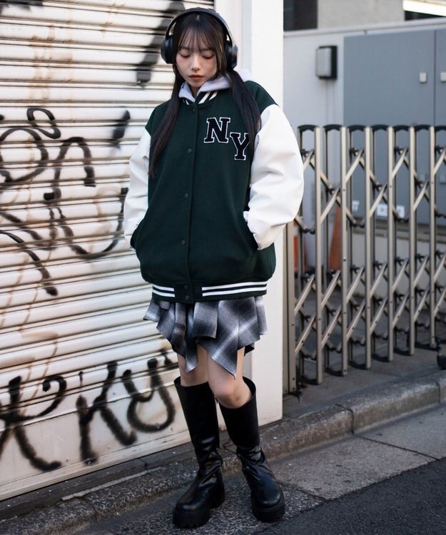 WEGO 2WAYフード付きビッグスタジャン ダークグリーン