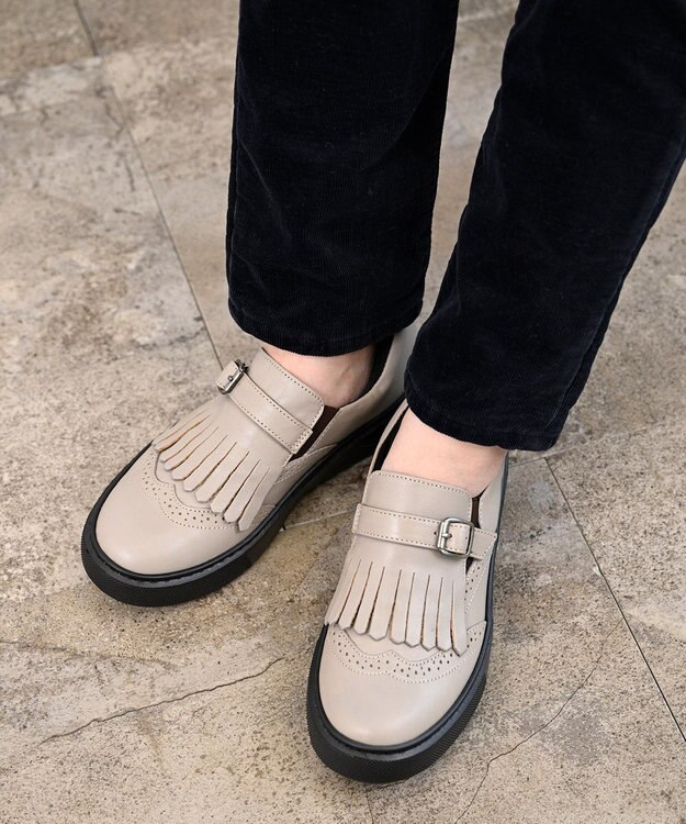 Pointer 日本製 本革フリンジ付き厚底ローファー ライトグレー