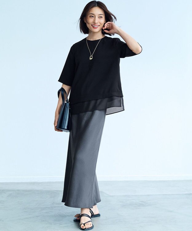 23区 【吸水速乾/UVカット/接触冷感】ストレッチジョーゼット シアーコンビ カットソー ブラック系