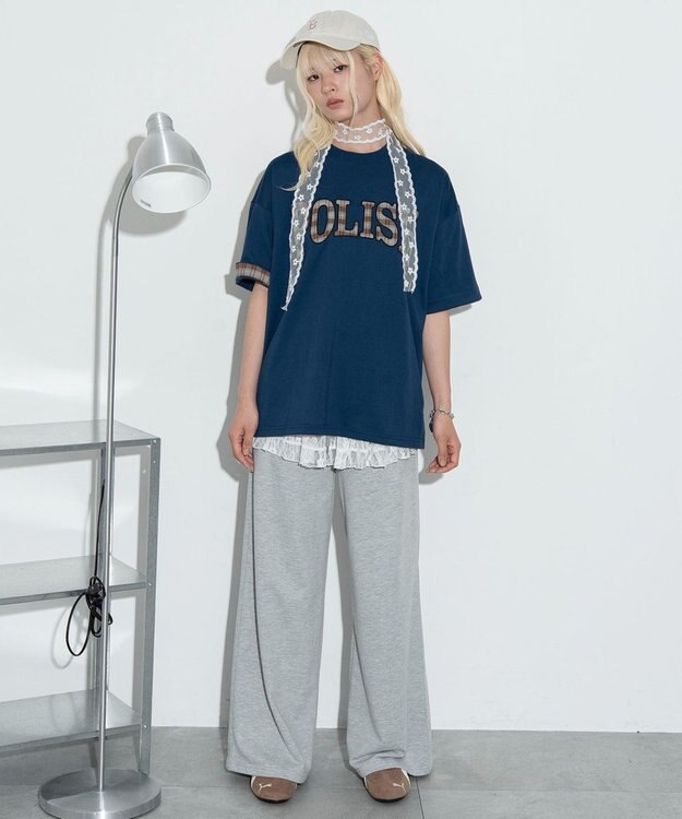 WEGO 【ユニセックス着用ITEM】チェックディテールロゴT（SS） ネイビー