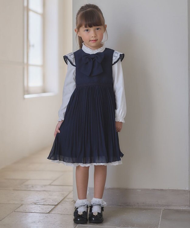 ANY KIDS シフォン プリーツ ワンピース ネイビー