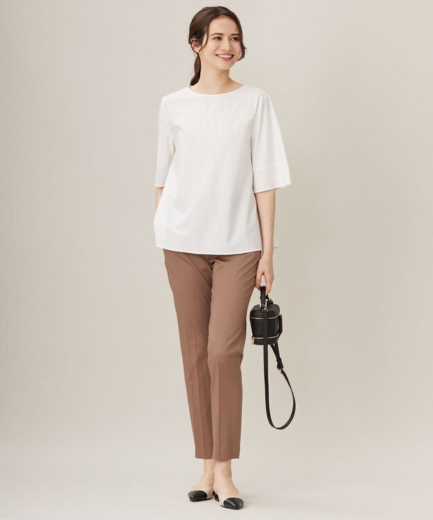 自由区 L 【洗える】ストレッチシャーティング5分袖 ブラウス オフホワイト