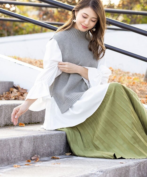 Tiaclasse L 【洗える】着回し自在のニットベスト＆フレア袖チュニックセット グレー