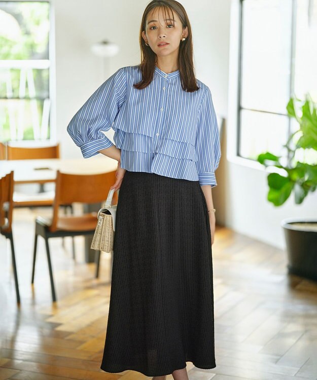 組曲 L ステッチストライプドビー フレアスカート ブラック系