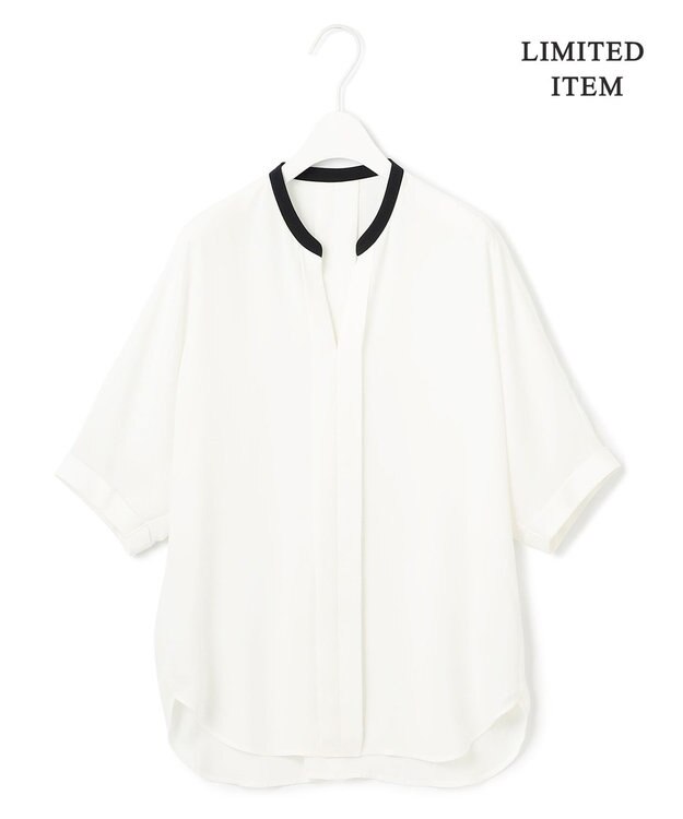 ICB 【人気のため新色追加・WEB限定・接触冷感・UVケア・速乾・洗える】BackSatinAmunzen 5分袖キーネックブラウス オフホワイト×ブラック系