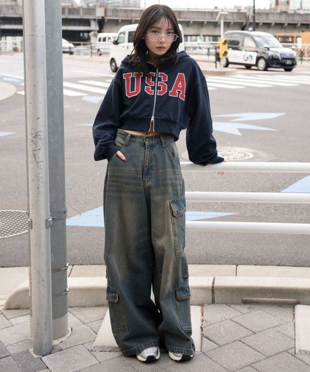 WEGO グラフィックショートZIPパーカー ネイビー