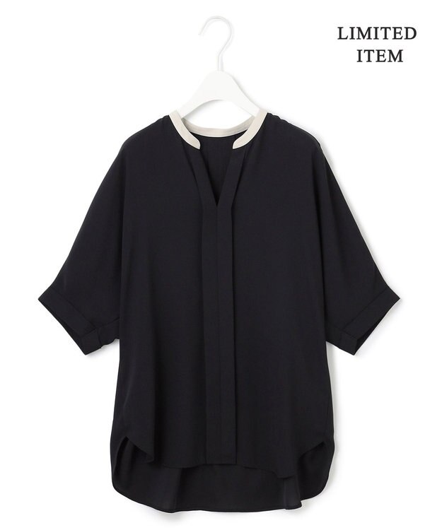 ICB 【人気のため新色追加・WEB限定・接触冷感・UVケア・速乾・洗える】BackSatinAmunzen 5分袖キーネックブラウス ブラック×トープ系