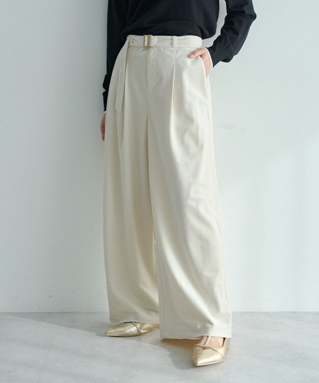 YECCA VECCA ベルテッドカルゼ起毛ワイドパンツ Ivory