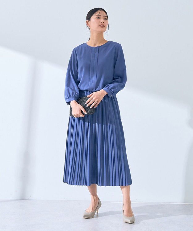 YECCA VECCA ジョーゼットプリーツワンピース Blue