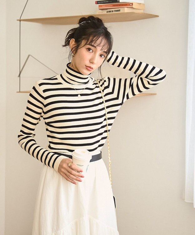 WEGO 【手洗い可】タートルネックニット ホワイトボーダー