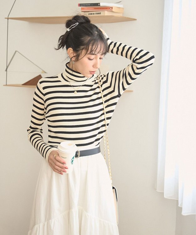 WEGO 【手洗い可】タートルネックニット ホワイトボーダー