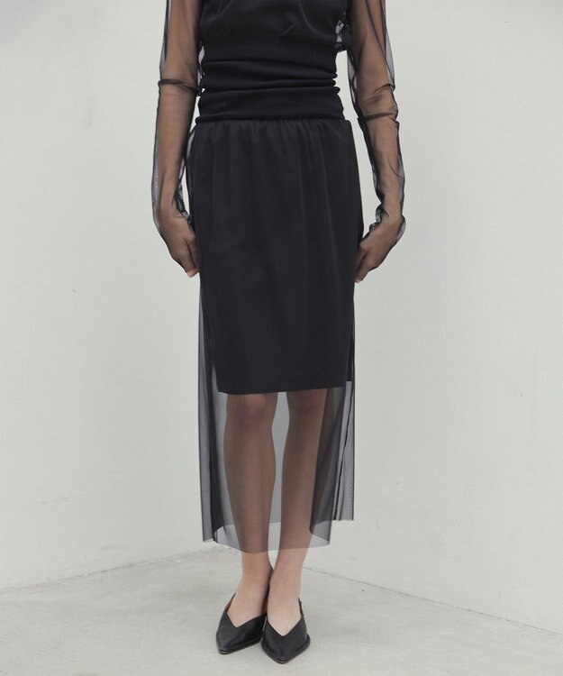 BEIGE， 【洗える】TAMARIX / ストレッチチュールIラインスカート Black