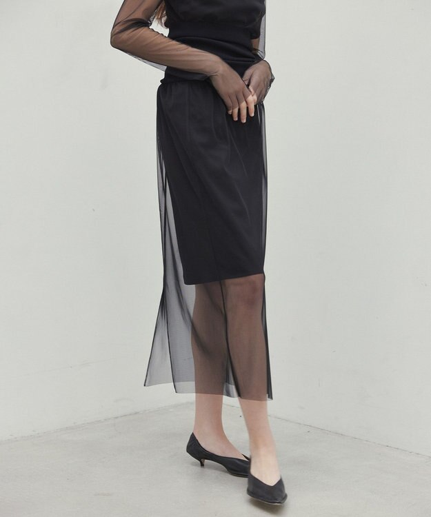 BEIGE， 【洗える】TAMARIX / ストレッチチュールIラインスカート Black