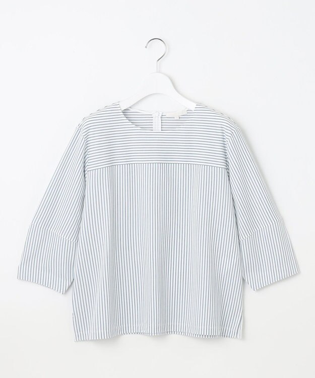 自由区 L 【接触冷感・UVカット・洗える】ストライプコットンハイゲージフォルムスリーブ カットソー オフ×ブルーグレー