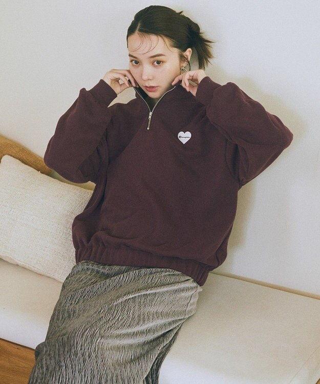 earth music&ecology Ｃｈａｍｐｉｏｎ×ｅｍａｅハーフジップハートスウェット Wine