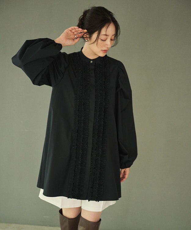 #Newans 【シワになりにくい/洗濯機可能】ロングフリルチュニック ネイビー