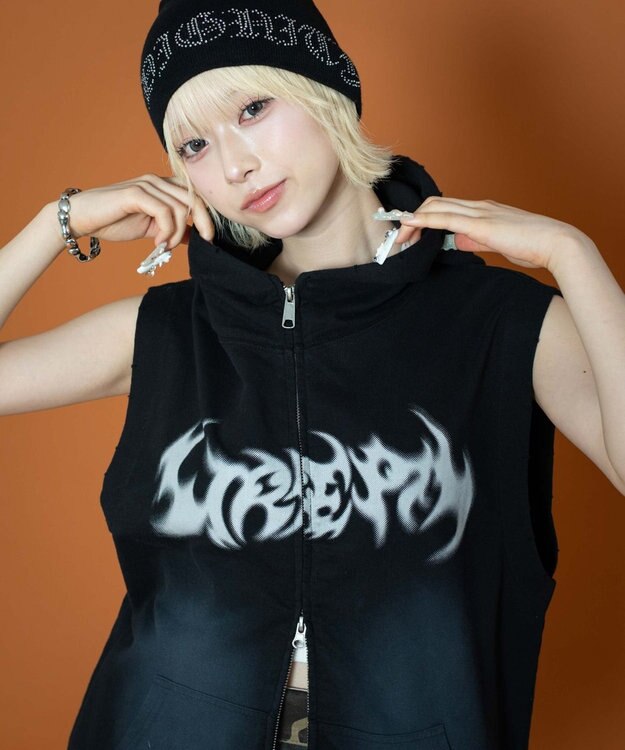 WEGO ノースリーブグラフィックZIPパーカー ブラック