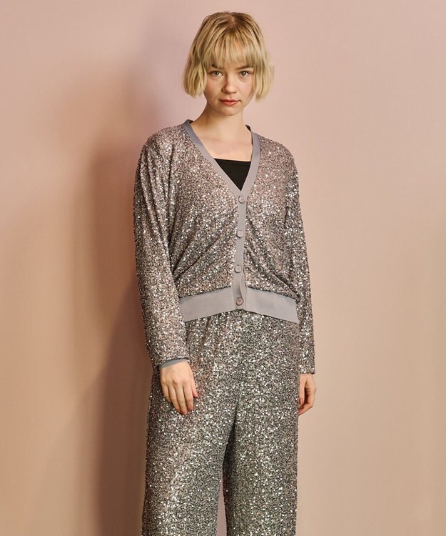 GRACE CONTINENTAL スパンコールニットカーディガン グレー