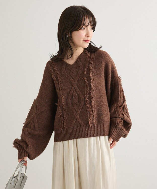 Green Parks ■ＥＳＣＡＲ　フリンジケーブルポップコーンニット Brown