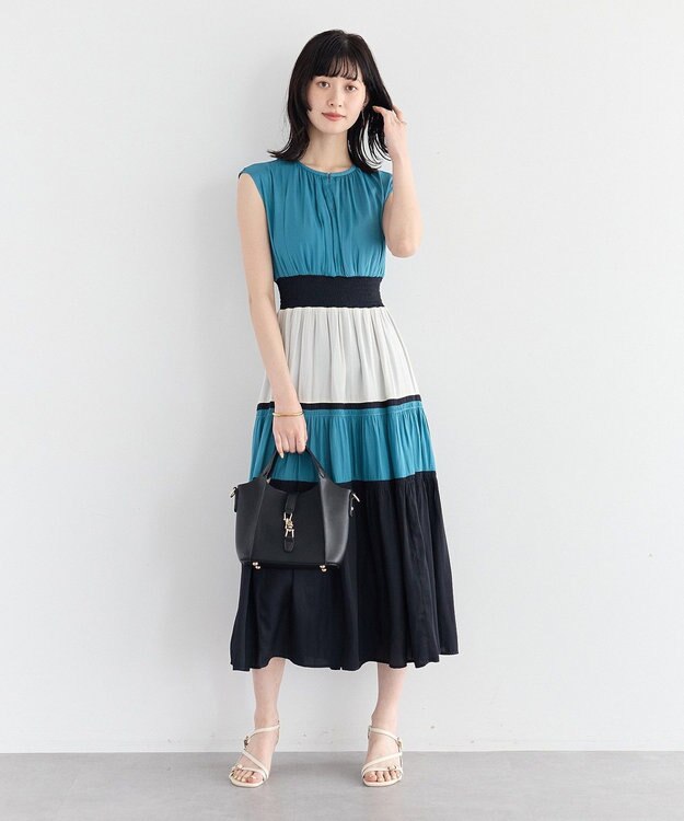 YECCA VECCA マルチカラーシャーリングワンピース Blue Green