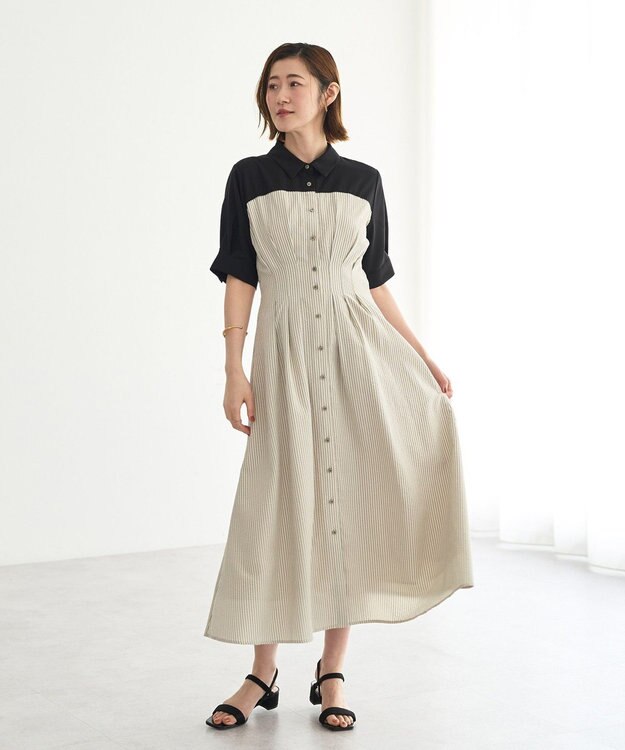 YECCA VECCA ハーフスリーブベアドッキングワンピース Stripe