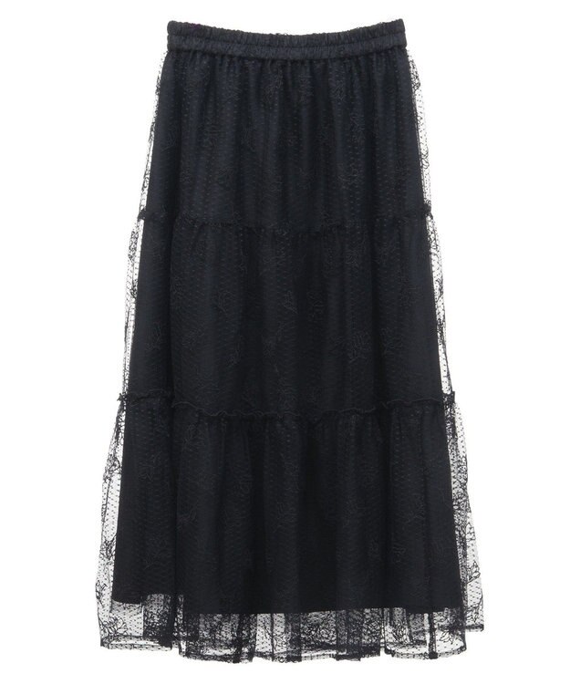 earth music&ecology フラワー刺繍チュールスカート Black