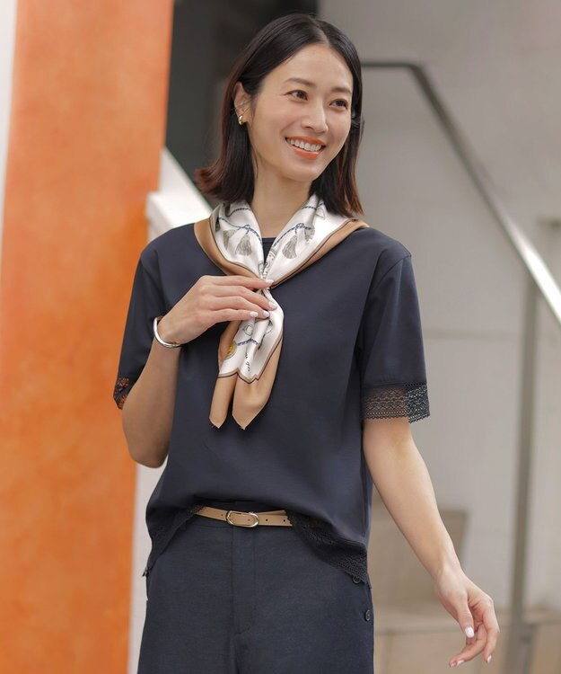 J.PRESS LADIES 【一枚で着映え】コットンスムース レース カットソー ネイビー系