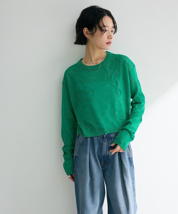 Green Parks ・ＡＮＤＳＥＡＲＣＨ　コード刺繍シアーニット Green