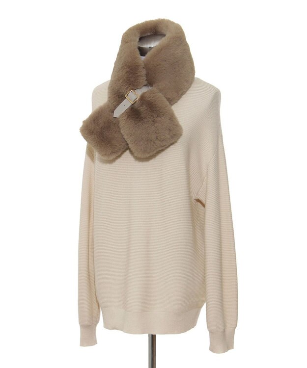 MOONBAT 【大人百花1月号掲載】FURLA フェイクファーマフラー ベルト差し込み ファーティペット ロゴプレート付 ベージュ