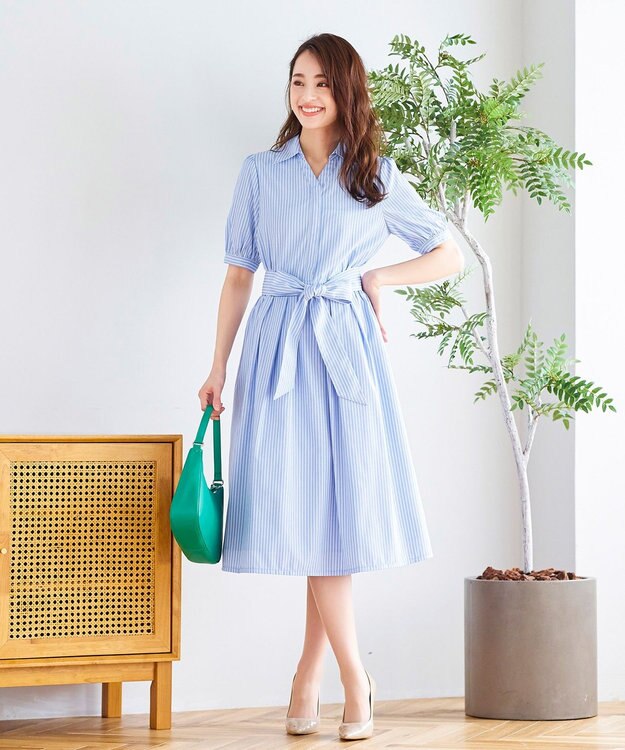 Tiaclasse 【洗える】小顔効果も叶えるスキッパーシャツワンピース サックスストライプ