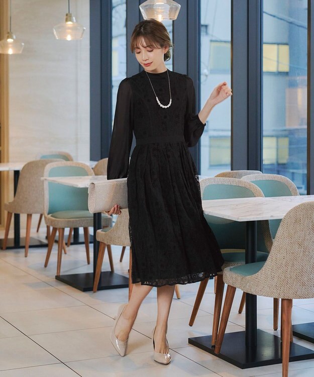 Tiaclasse 【洗える】レースコンビフレアワンピース ブラック