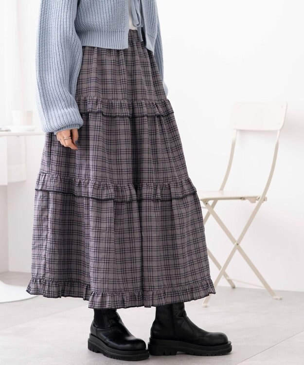 WEGO 【ウエストゴム】フリルティアードボリュームスカート グレーチェック1