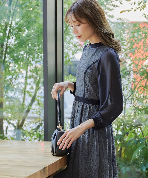 Tiaclasse 【洗える】レースコンビフレアワンピース ネイビーグレー