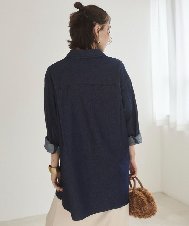 WEGO 【ANGIE VINTAGE】襟が選べる デニム チュニック シャツ （バンドカラー/レギュラーカラー） Dブルー