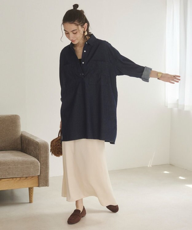 WEGO 【ANGIE VINTAGE】襟が選べる デニム チュニック シャツ （バンドカラー/レギュラーカラー） Dブルー