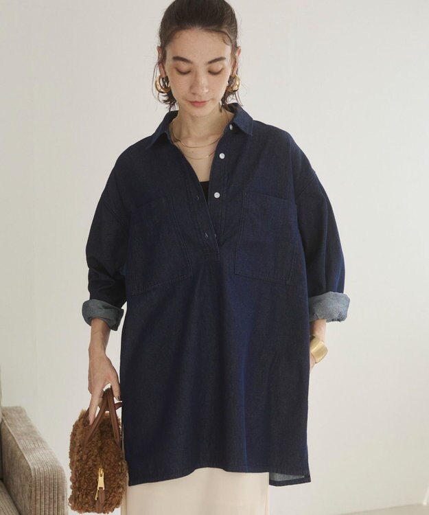 WEGO 【ANGIE VINTAGE】襟が選べる デニム チュニック シャツ （バンドカラー/レギュラーカラー） Dブルー