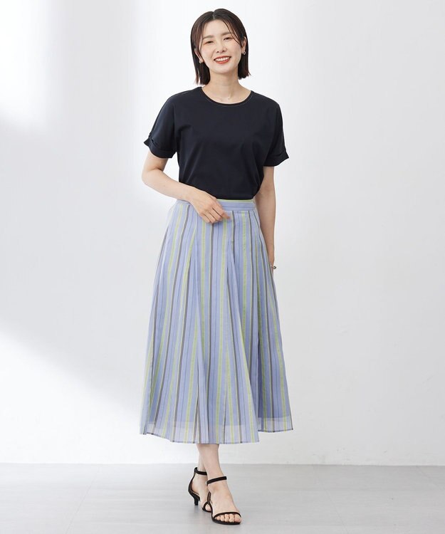 J.PRESS LADIES L 【洗える】ランダムストライプ スカート サックスストライプ系