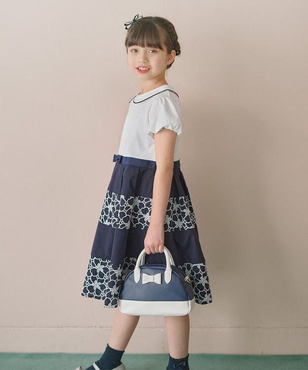 組曲 KIDS 【110-140㎝】フラワーパネルボーダー ワンピース ネイビー系