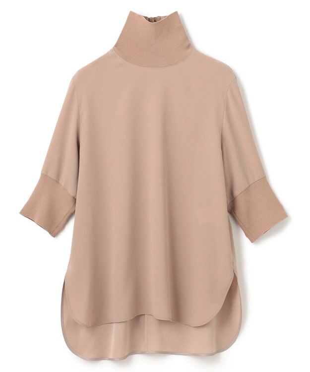 BEIGE， 【洗える】FLEUR / ニットコンビハイネック半袖ブラウス Beige