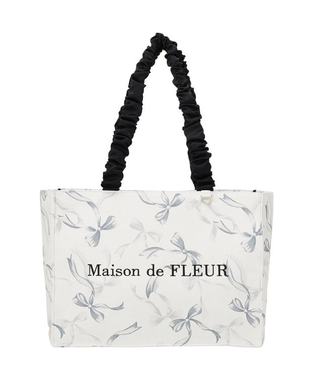 Maison de FLEUR リボン柄ギャザーハンドルスクエアトート Black